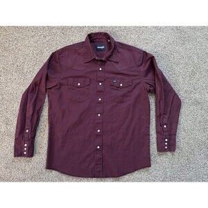 Wrangler Maroon Western Heavy Duty Pearl Snap Long Sleeve Rodeo Cowboy Size L